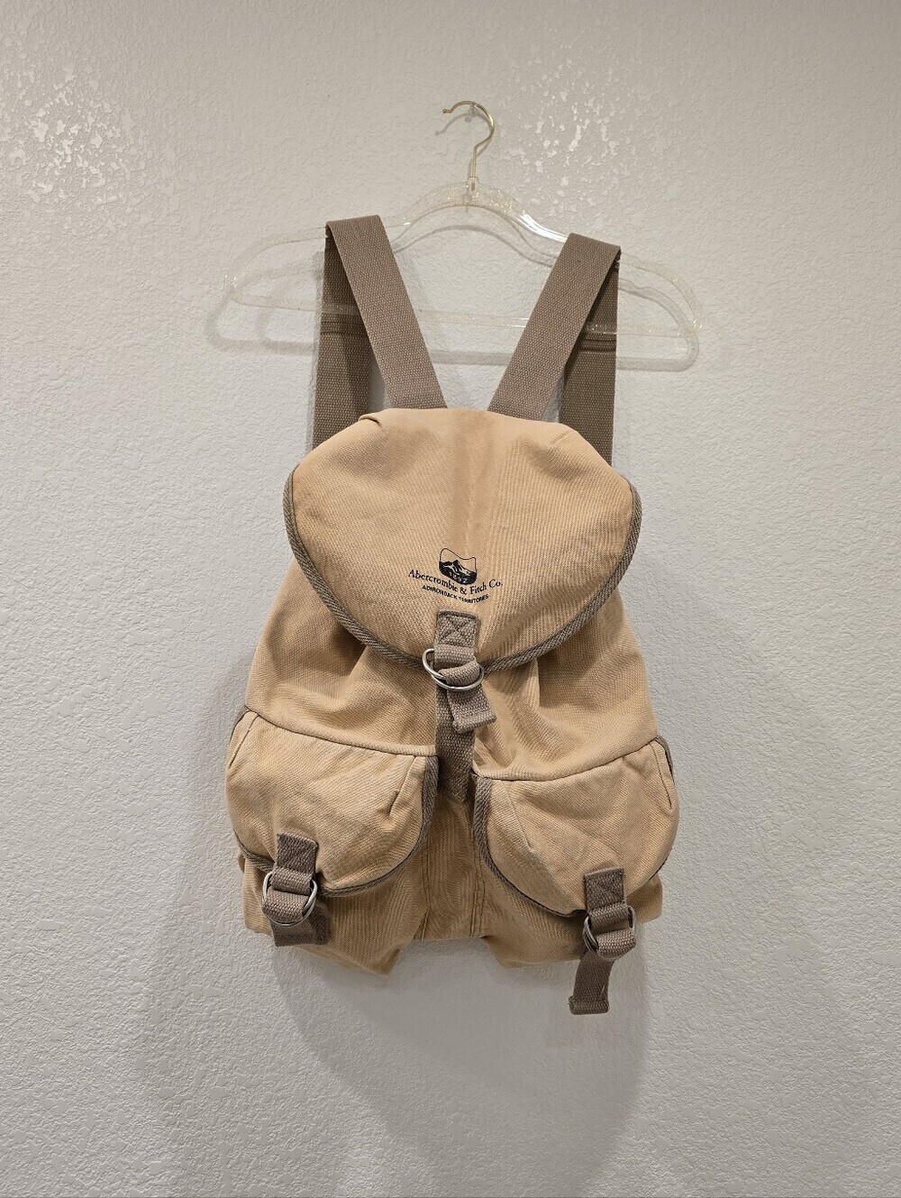 Rare vintage Abercrombie & Fitch canvas rucksack tan beige front cargo pockets
